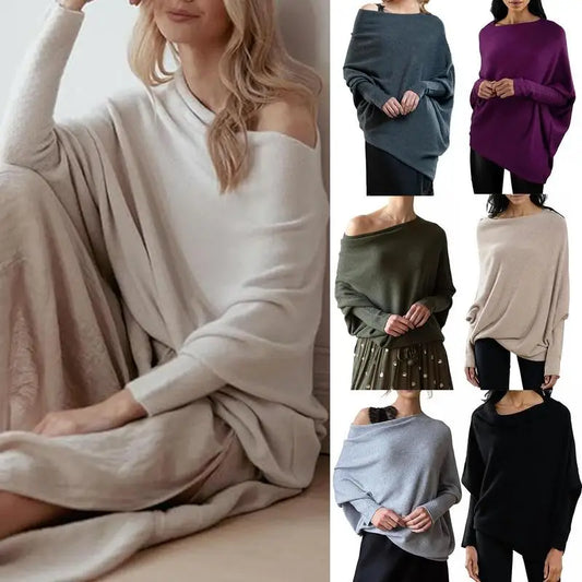 Draped Jumper Fall Women Solid Crew Neck Long Sleeves Off The Shoulder Sweater  For Women